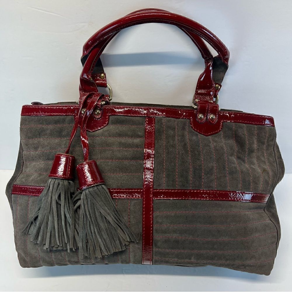 Claudia Firenze Grey Suede Patent Leather Red Shoulder Bag‎